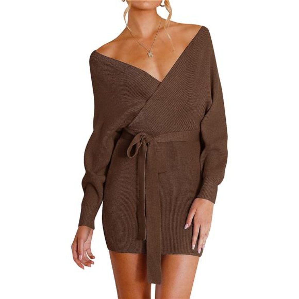 Women's Long Batwing Sleeve Sweater Dress Brown